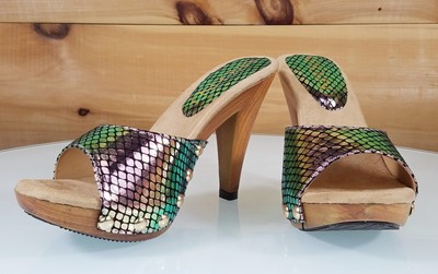 wooden high heel mules