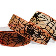 10 Yard Spool Halloween Furry Flocked Spider Webs Orange Sheer Wired Ribbon 1 1/