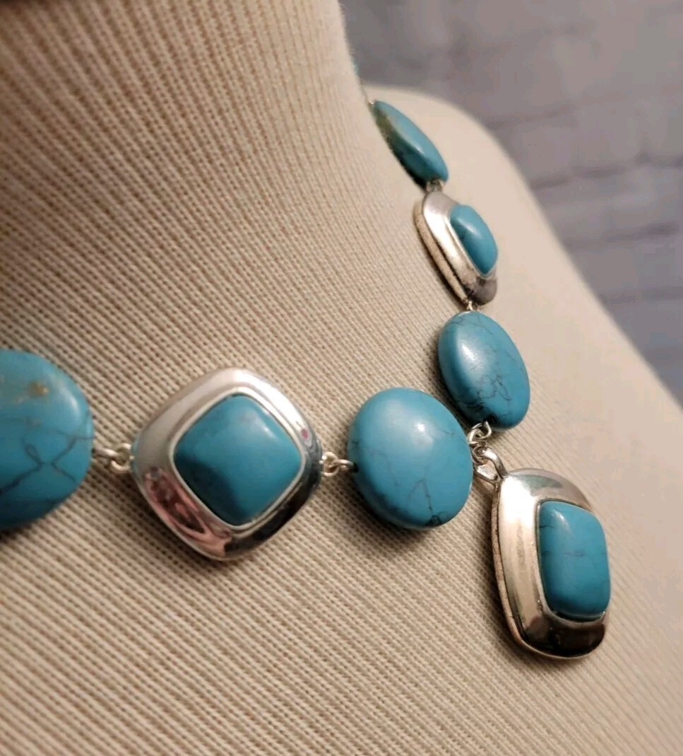 Faux Turquoise Silvertone Statement Necklace 18" … - image 2