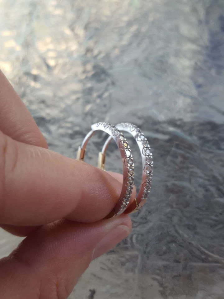 White Sapphire Labcreated Round Cut Hoop Earrings 10kt Solid Two Tone Gold - Image 3 of 4