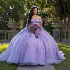 Shiny Lilac Ball Gown Quinceanera Dress Glitter Lace Applique Bow Puffy Sweet 16