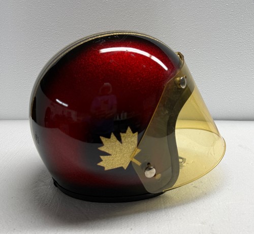 Vtg 60s Premier 1 Canadian Maple Leaf Red Metal Flake Motorcycle Helmet w/Shield