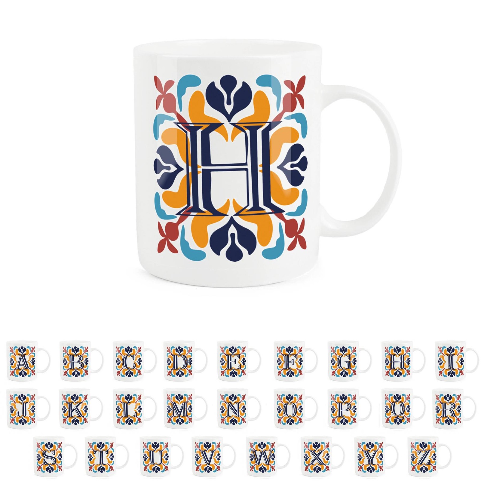 Moroccan Tile Letter H Mug - Red & Navy Bone China Alphabet Gift Mug