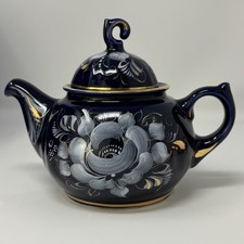 Small Gzhel Porcelain Tea Pot Cobalt Blue With White And Gold Russia