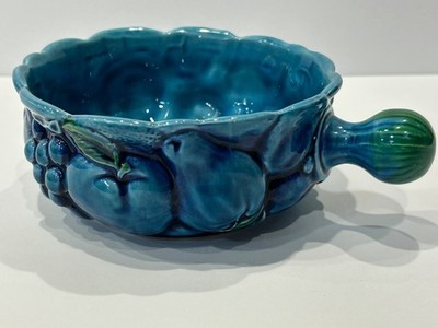 Vintage 1960's INARCO Japan Mood Indigo Blue Handled Soup Bowl Fruit Decorated