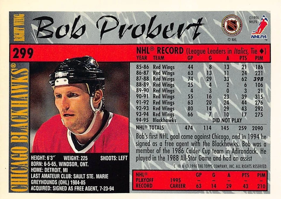 1995-96 Topps O-Pee-Chee Parallel #299 Bob Probert - Image 2 of 2