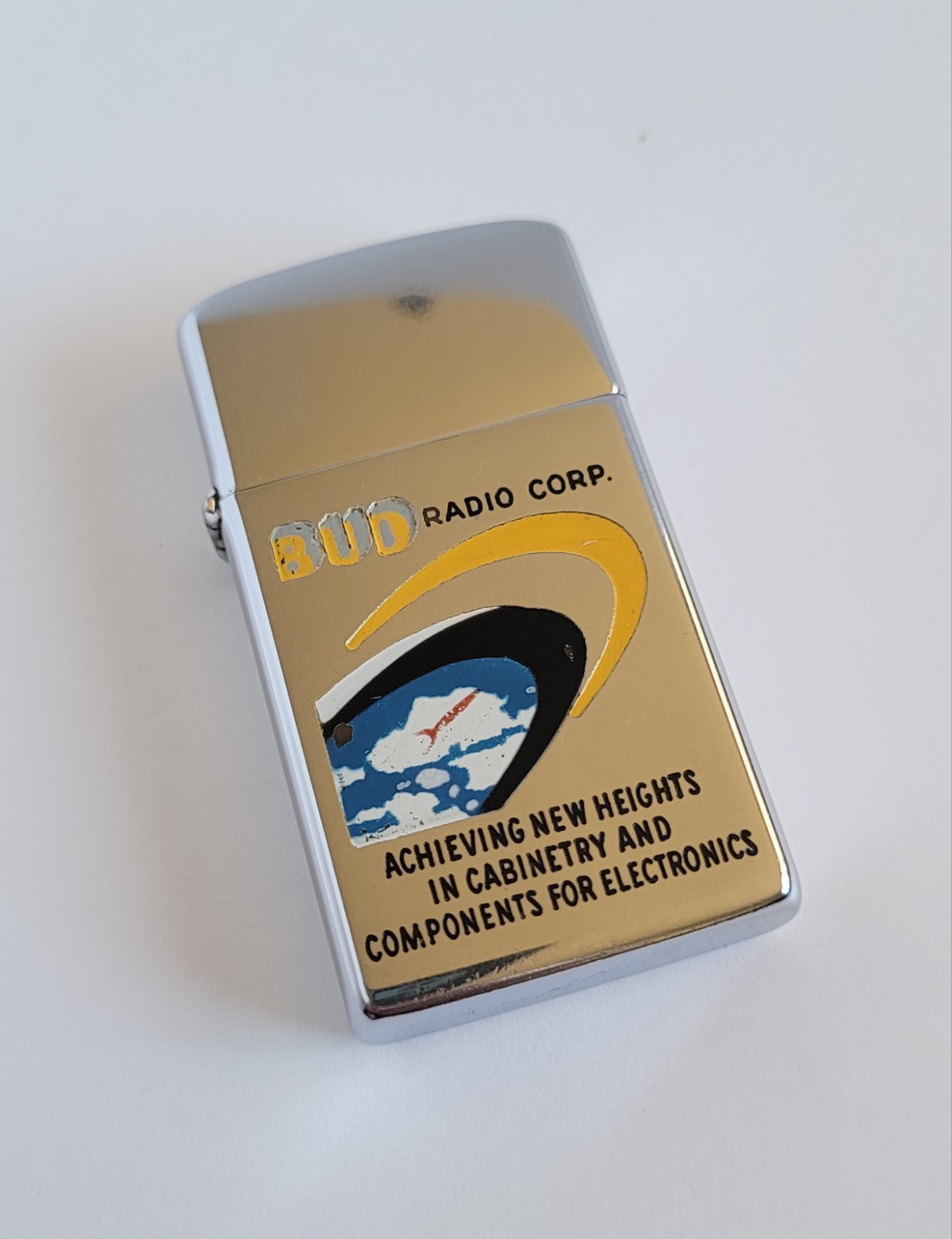 Vintage 1958 Chrome Slim Zippo BUD Radio Corp Cabinetry Comp