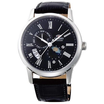 Orient Bambino Sonne & Mond mechanische schwarze Zifferblatt Leder Herrenuhr RA-AK0010B30B