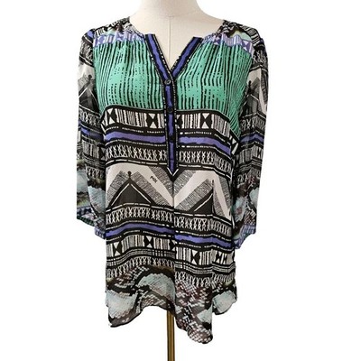 Hale Bob Blue Green Geometric, Sheer 100% Silk Tunic Top, Size Small 4 6