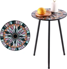 Small Round Metal Mosaic Side Accent Table Plant Stand For Patio Garden Balcony
