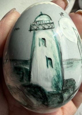 Nautical Painted Egg Ceramic Pottery Lighthouse Easter Decor Vintage