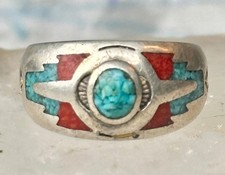 Vintage Teme Sterling Silver Turquoise Coral Inlay Peyote Bird Ring Size 6.50