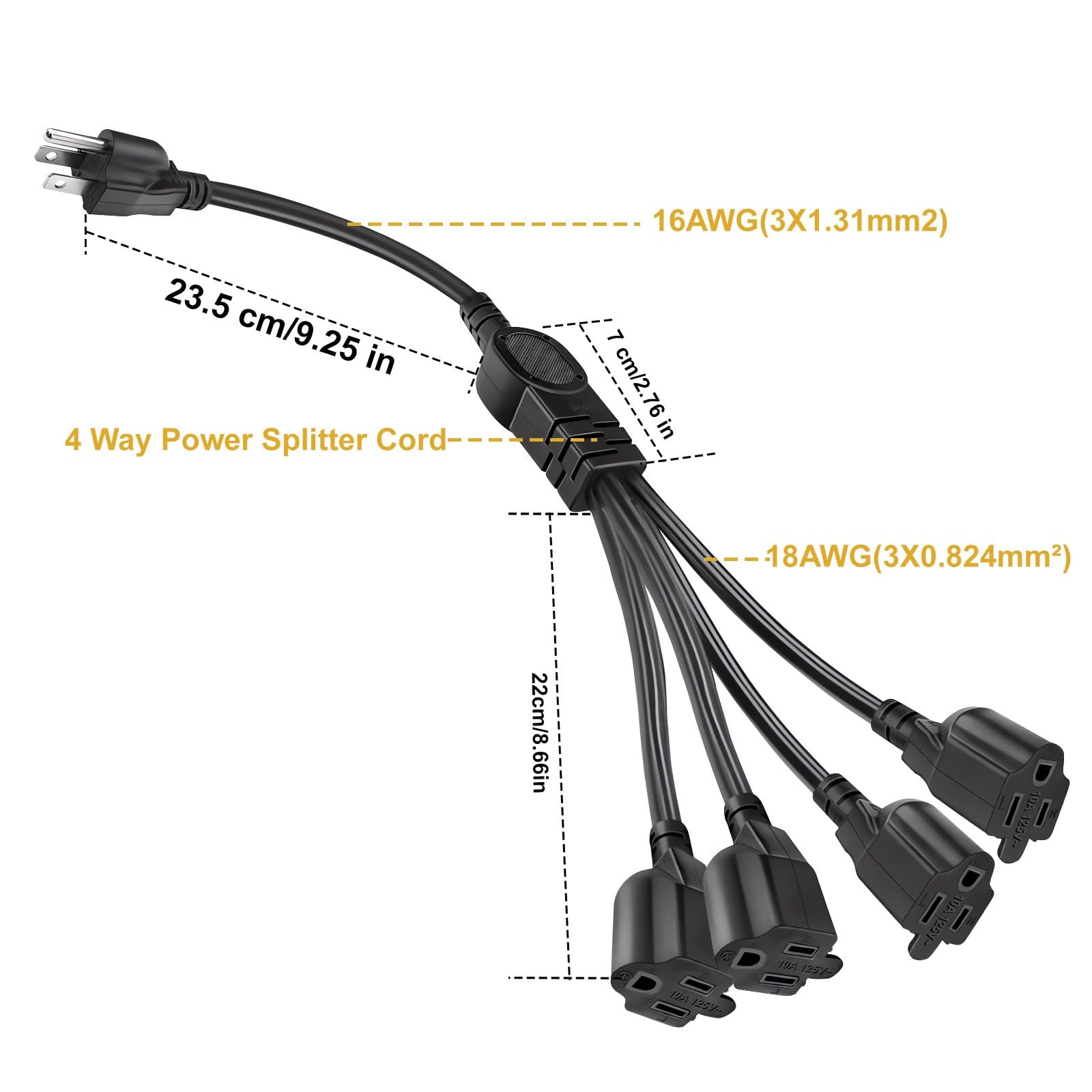 Outlet Splitter 1-to-4 Short Extension Cord 3 Prong Splitter Outlet Saver 4-W