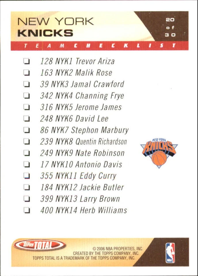 2005-06 Topps Total Team Checklists #20 Stephon Marbury - BSK - Image 2 of 2