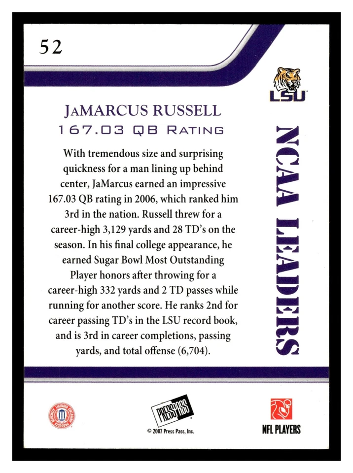 2007 Press Pass JaMarcus Russell #52 LSU Tigers - Image 2 of 2