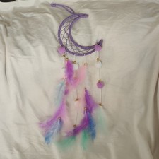 Handmade Crescent Moon Dreamcatcher with Pastel Feathers, Pom-Poms, Beads