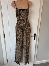 River Island Beige Black Boho Wide Leg Jumpsuit Festival UK 14 M B49