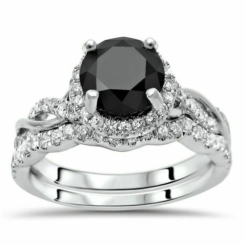 2.50Ct Black Diamond Art Deco Antique Vintage Wedding Ring Set 14K White Gold FN