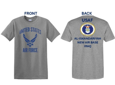 AIR FORCE* AL-ISKANDARIYAH NEW AIR BASE* IRAQ *USAF 2-SIDED SHIRT. USAF LICENSED