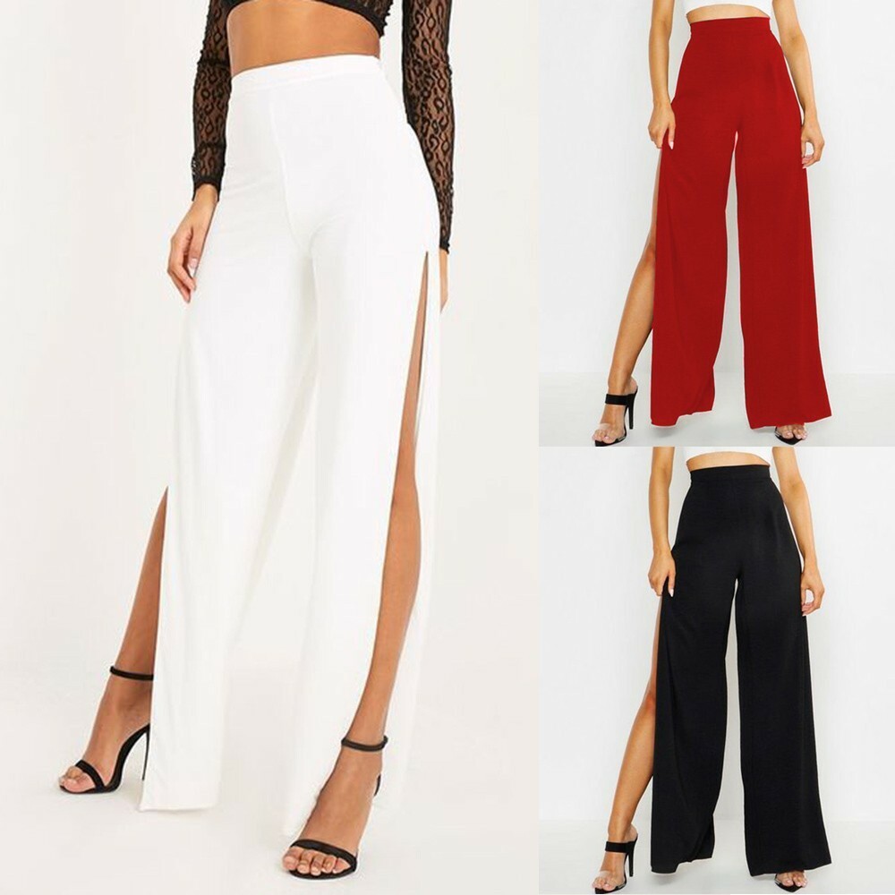 High Split Pants Palazzo Polyester Side Seam Slim Fit Trousers Wide Leg |  eBay