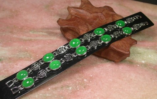 Genuine Green Jade Cabochon 18KGP Fortune Luck Blessing Link Bangle Bracelet - Picture 5 of 5