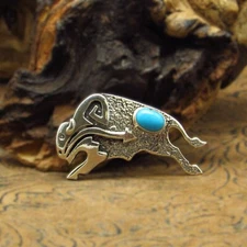 Running Buffalo Textured Overlay Sterling Silver Navajo Pin