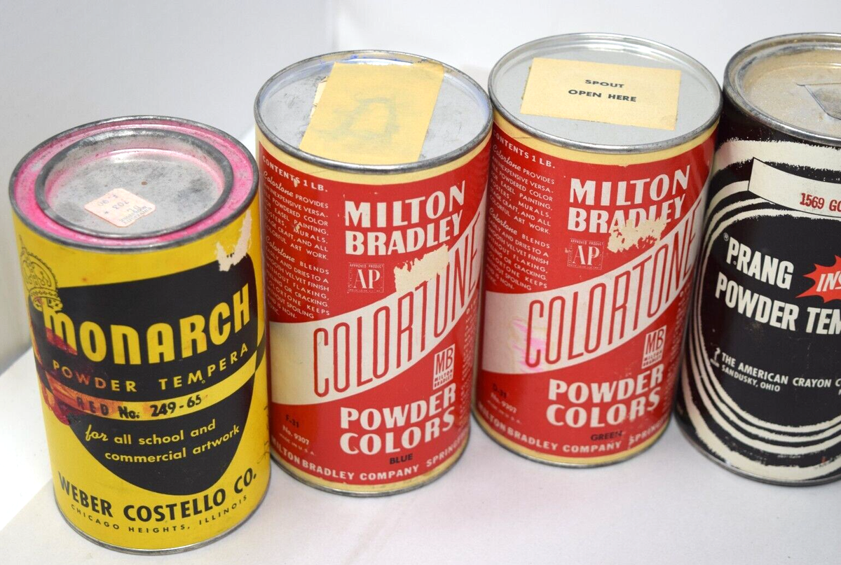 Vintage Lot Of 9 Powder Tempura Paint Cans Gothic Monarch Milton
