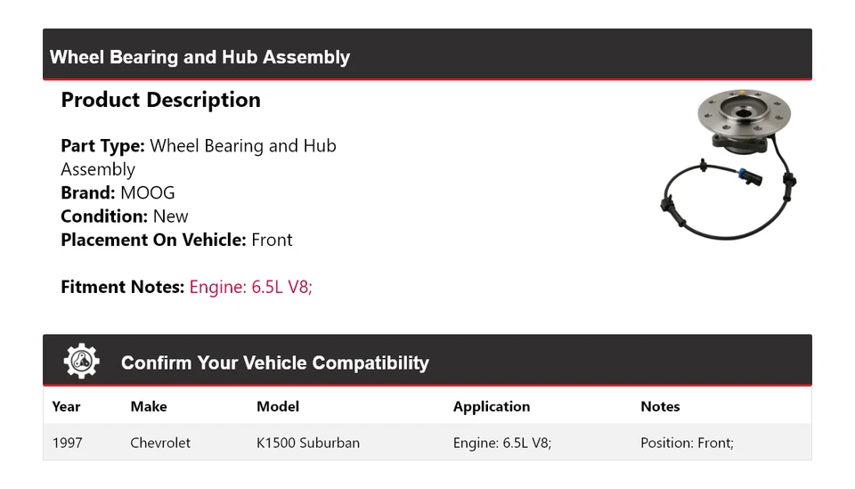 Conjunto de cojinete de rueda y buje delantero MOOG para Chevrolet K1500 Suburban 1997 6,5 L V8 Foto 2 de 4