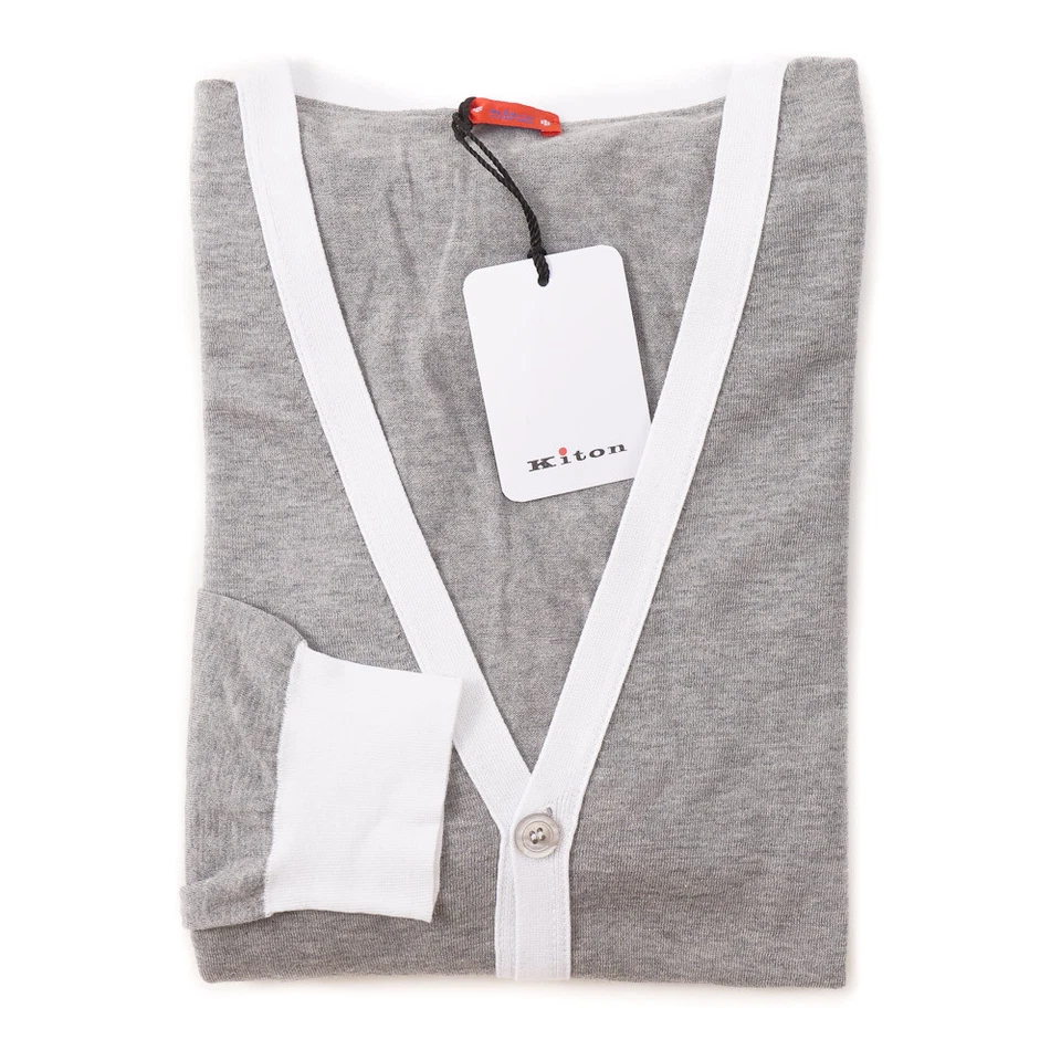 Cardigã suéter Kiton Napoli cinza e branco leve algodão M (Eu 50) novo com etiquetas - Imagem 2 de 4