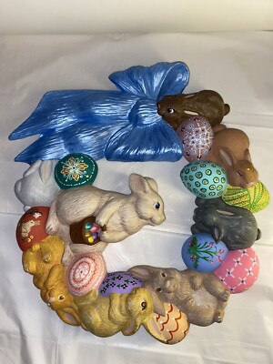 Sitters Ceramic Easter Bunny rabbit Wreath Bow & Eggs Wall Decor handpainted