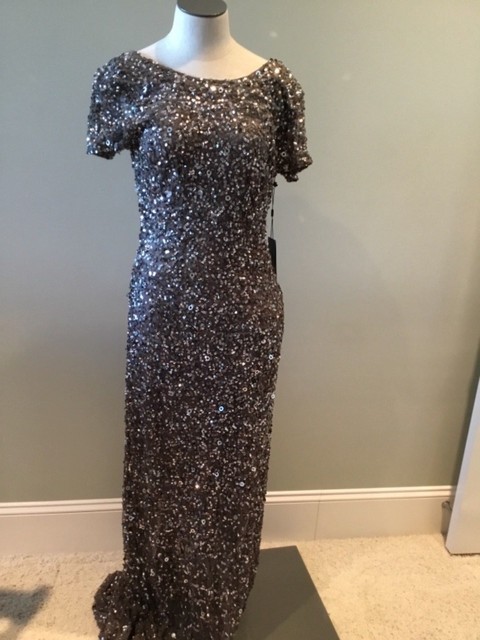 adrianna papell short sleeve sequin mesh gown