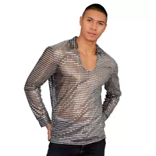 Adult Men's Halloween Costume Silver Disco Shirt for 70s Theme Parties & Outfit