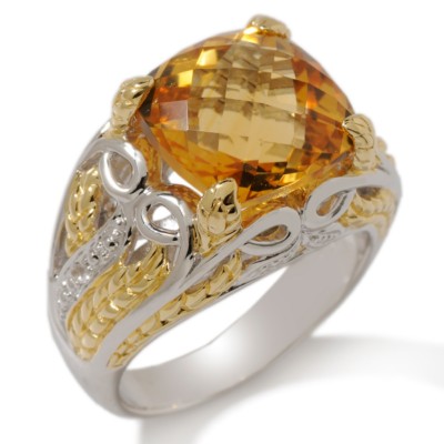 Victoria Wieck 5.01ct Citrine & White Topaz 2-Tone Wheat Textured Cushion Ring 5