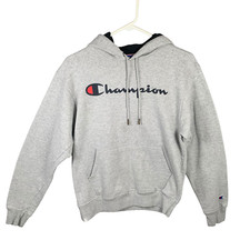 Champion Womens Hoodie Sweatshirt Gray Pullover Long Sleeve Spellout Small