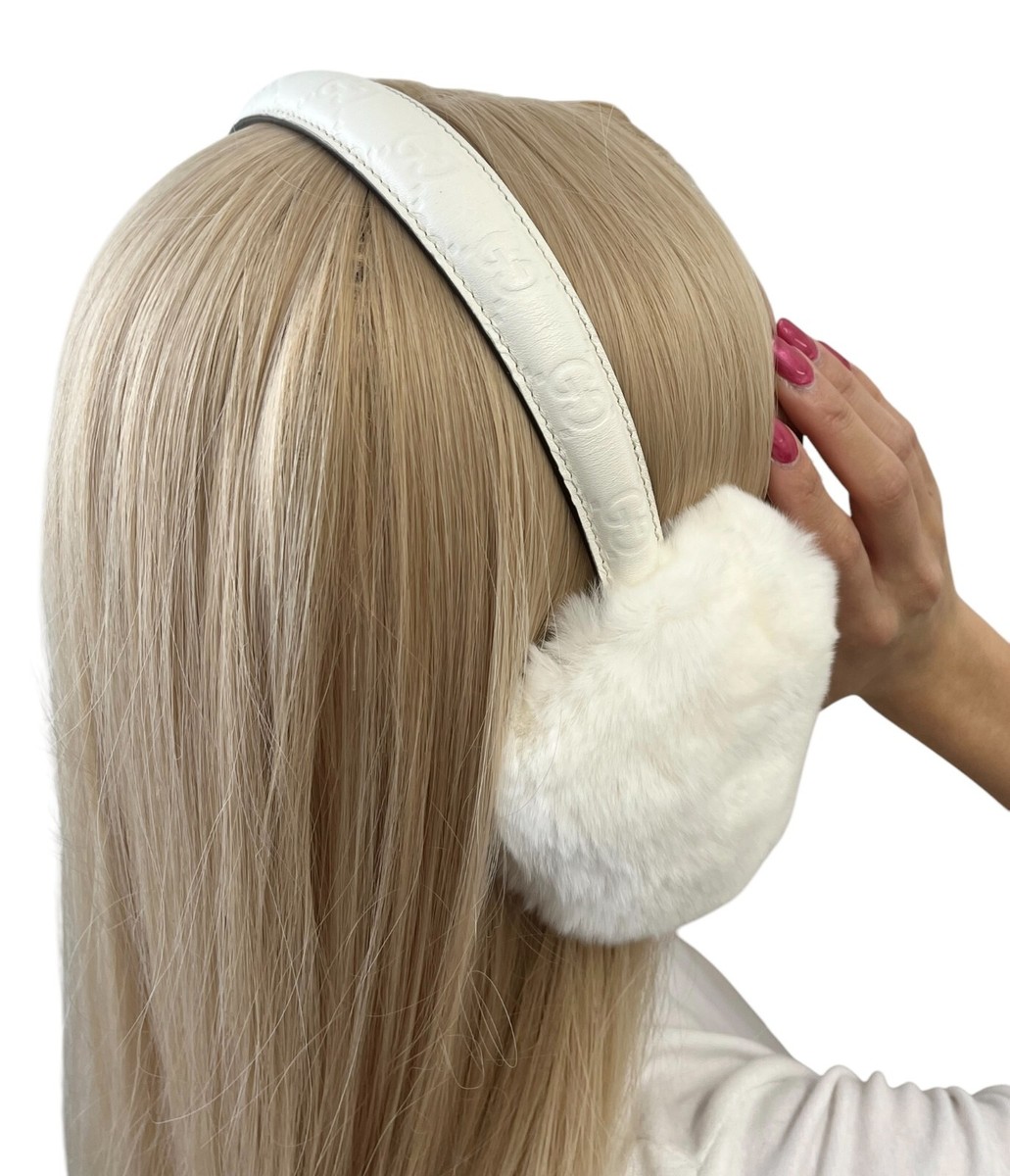GUCCI Vintage GG Logo Earmuffs Accessory White Brown Fur