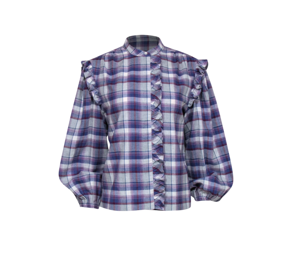 Something Navy Plaid Flannel Shirt Top Womens Medium Purple Ruffle Button  Down