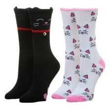 2 Pairs Crew Socks Black Cat Kittens Set Women's 3D Ears White Pink Kitty Faces