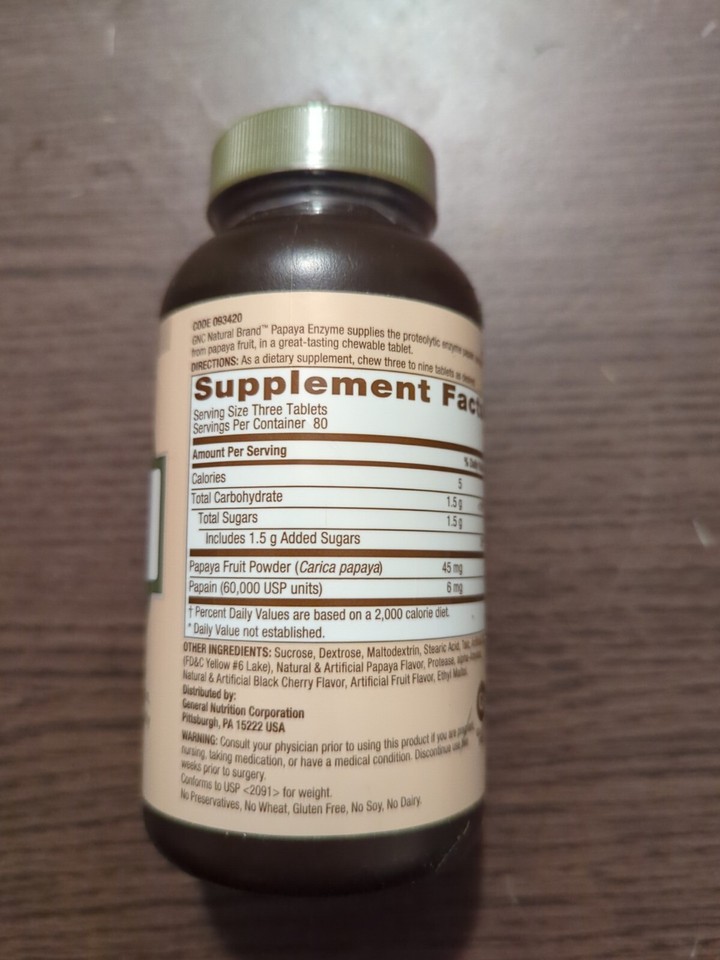 GNC Natural Brand Papaya Enzyme 240 Chewable Tablets 09/24 Digestive