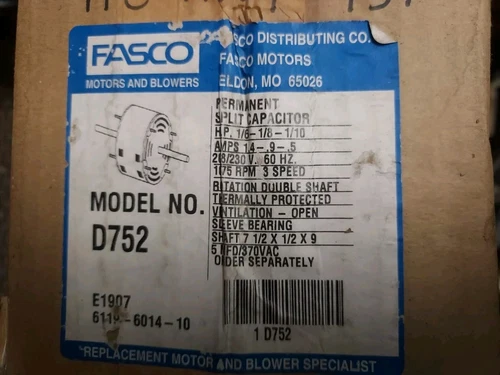 Fasco D752 Motor 1/6-1/8-1/10 HP 208/230V 60HZ 1075 RPM 3 Speed