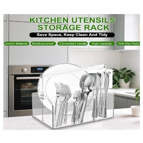 Organizador de cubiertos de plástico transparente carrito y mango de utensilios de acrílico, soporte para cubiertos Foto 4 de 4