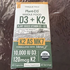 Triquetra Plant D3 K2  As Mk7 10000 IU D3 Vegan Organic 60 capsules. New 09/27