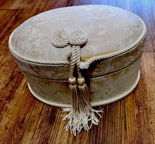 Vintage Sewing Vanity Storage Box Ivory Tapestry Print W/Tassel Pull Dillards