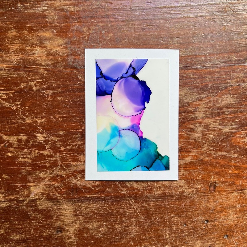 Original ACEO Artwork - Abstract Ink Painting Water Bubbles Purple Blue Pink
