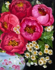 STILL LIFE Original Oil Painting Floral Art BLOOMING PINK PEONIES 10x8 inch