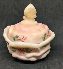 FENTON URANIUM BURMESE Rose w/ Butterfly Lid Candy trinket Dish Signed