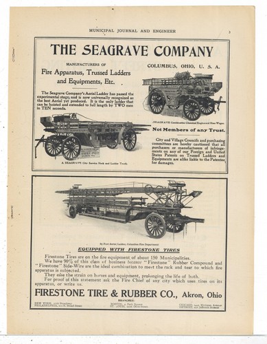 1906 Ads on 1 Pg: Seagrave Fire Apparatus & Firestone Tires, Columbus OhiO FD