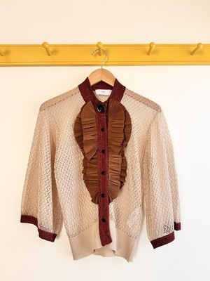 Toga Pulla / Archives crochet lace pleated ruffle mixed yarn sweater cardigan 40