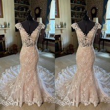 Champagne Mermaid V Neck Wedding Dresses Sweep Train Lace Applique Bridal Gowns