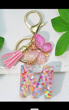 Acrylic Initial Letter Keychain w/ Carabiner Clip, Pink Tassel, Gold Tone A to Z