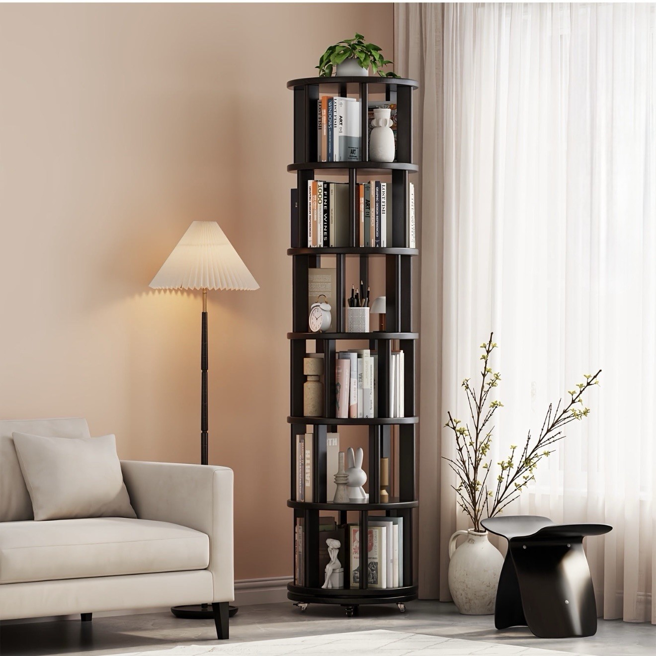 Solid Wood Rotating Bookshelf Tower on Wheels